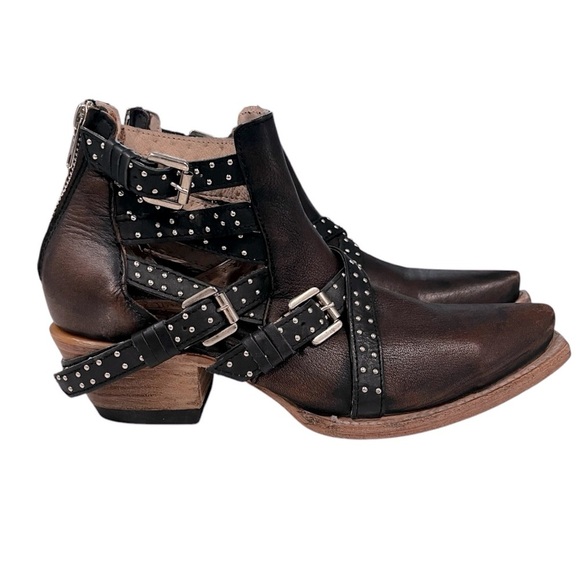 FREEBIRD Wasp NWOB Brown & Black Studded Leather Snip Toe Western Boots Size 7 - Picture 2 of 12